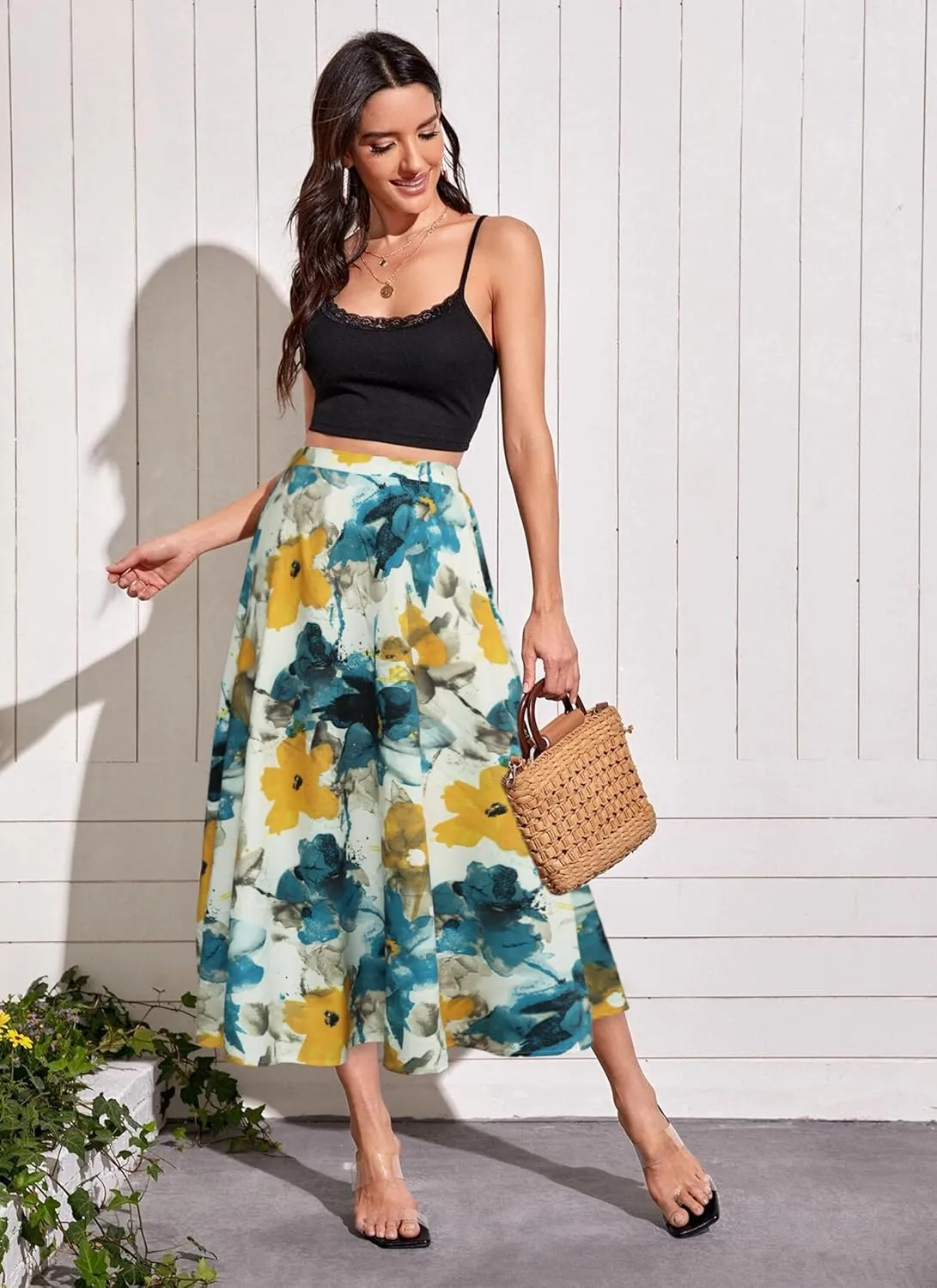 POPZONE Women's Maxi Skirts Elastic High Waist Long Skirts Below The Knee Flowy Floral Summer Skirts for Women