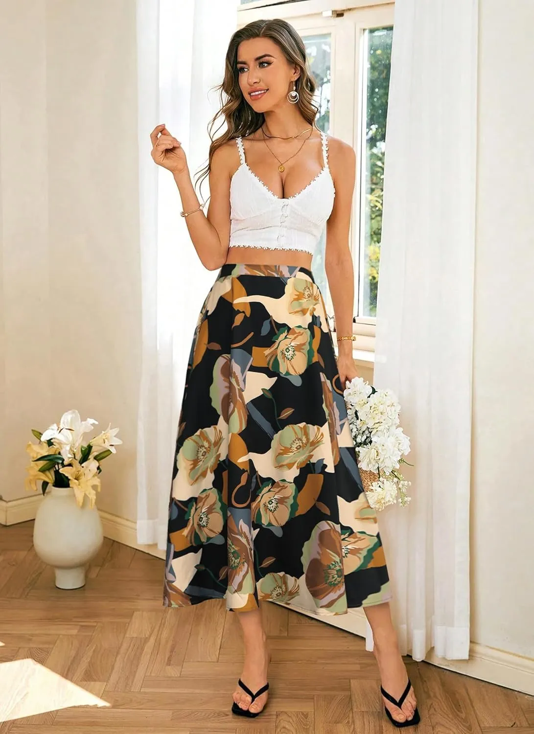 POPZONE Women's Maxi Skirts Elastic High Waist Long Skirts Below The Knee Flowy Floral Summer Skirts for Women