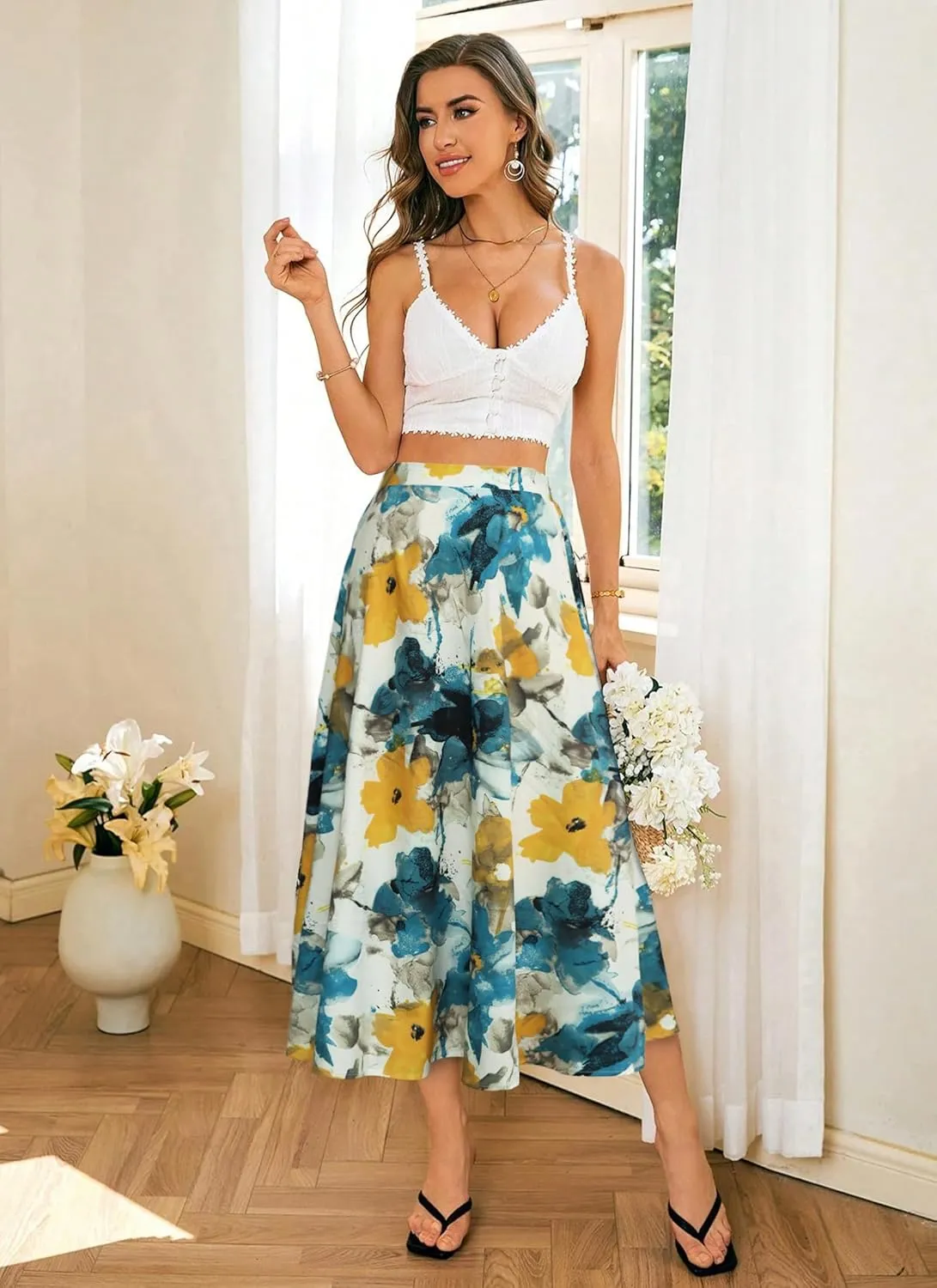 POPZONE Women's Maxi Skirts Elastic High Waist Long Skirts Below The Knee Flowy Floral Summer Skirts for Women