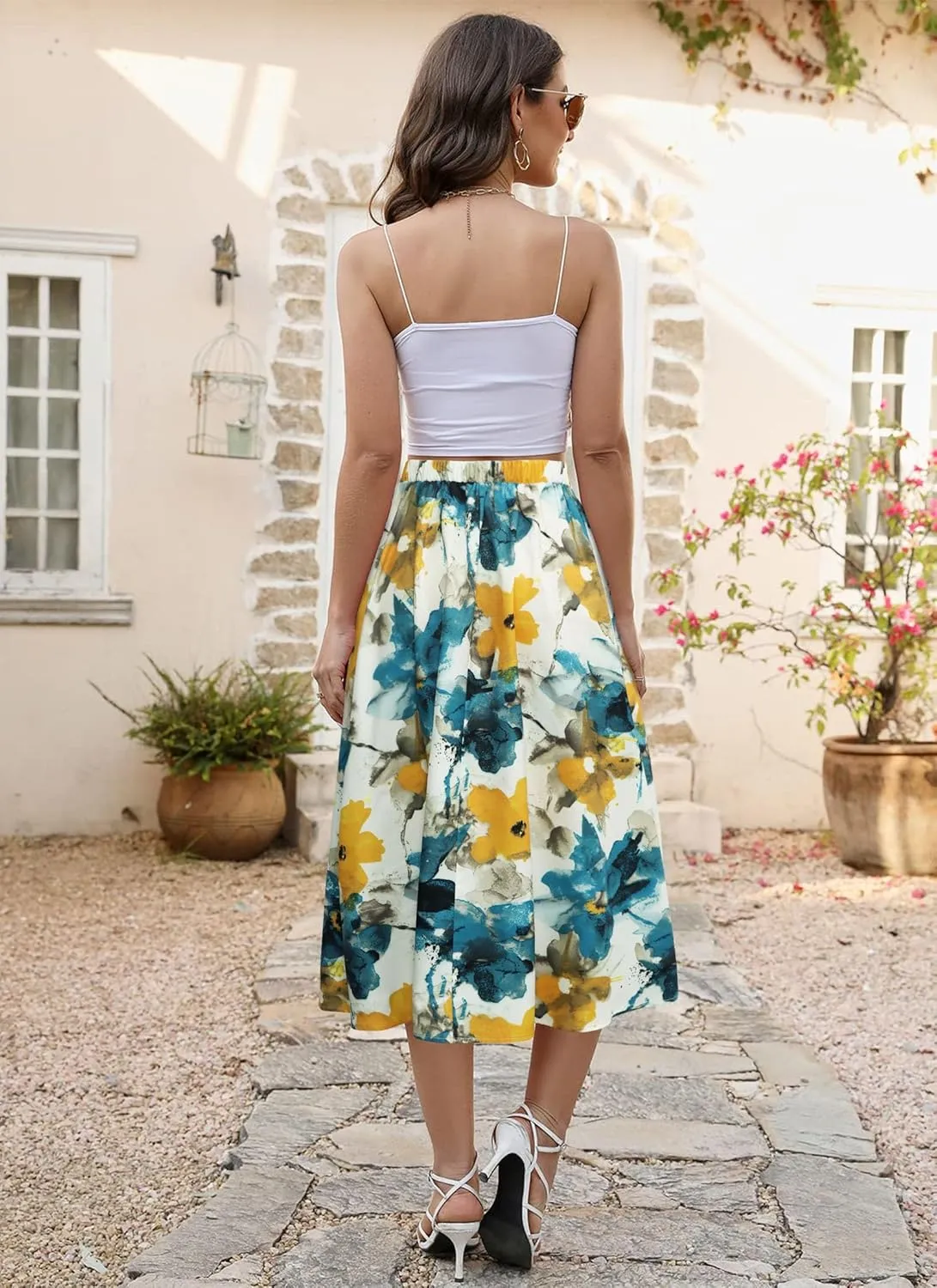 POPZONE Women's Maxi Skirts Elastic High Waist Long Skirts Below The Knee Flowy Floral Summer Skirts for Women