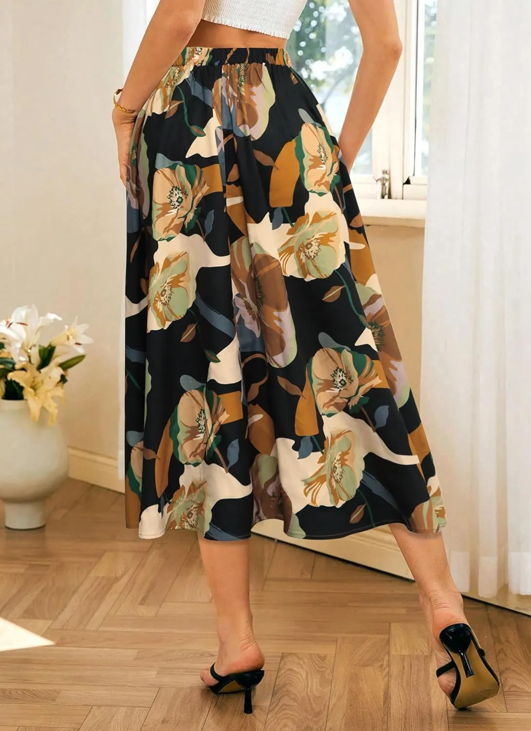 POPZONE Women's Maxi Skirts Elastic High Waist Long Skirts Below The Knee Flowy Floral Summer Skirts for Women