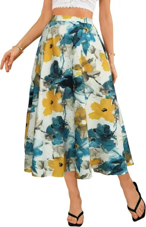 POPZONE Women's Maxi Skirts Elastic High Waist Long Skirts Below The Knee Flowy Floral Summer Skirts for Women