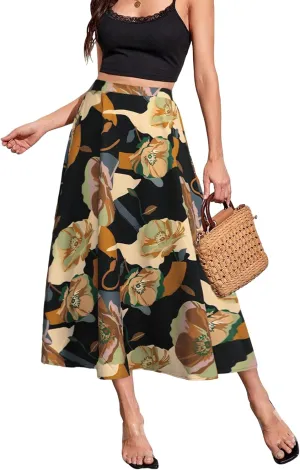 POPZONE Women's Maxi Skirts Elastic High Waist Long Skirts Below The Knee Flowy Floral Summer Skirts for Women