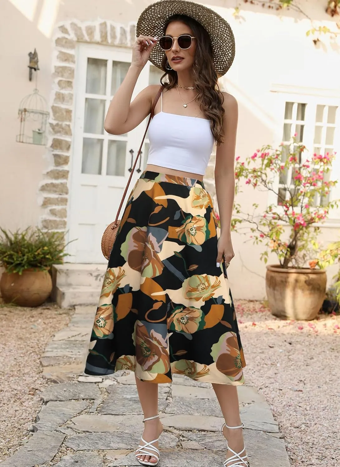 POPZONE Women's Maxi Skirts Elastic High Waist Long Skirts Below The Knee Flowy Floral Summer Skirts for Women