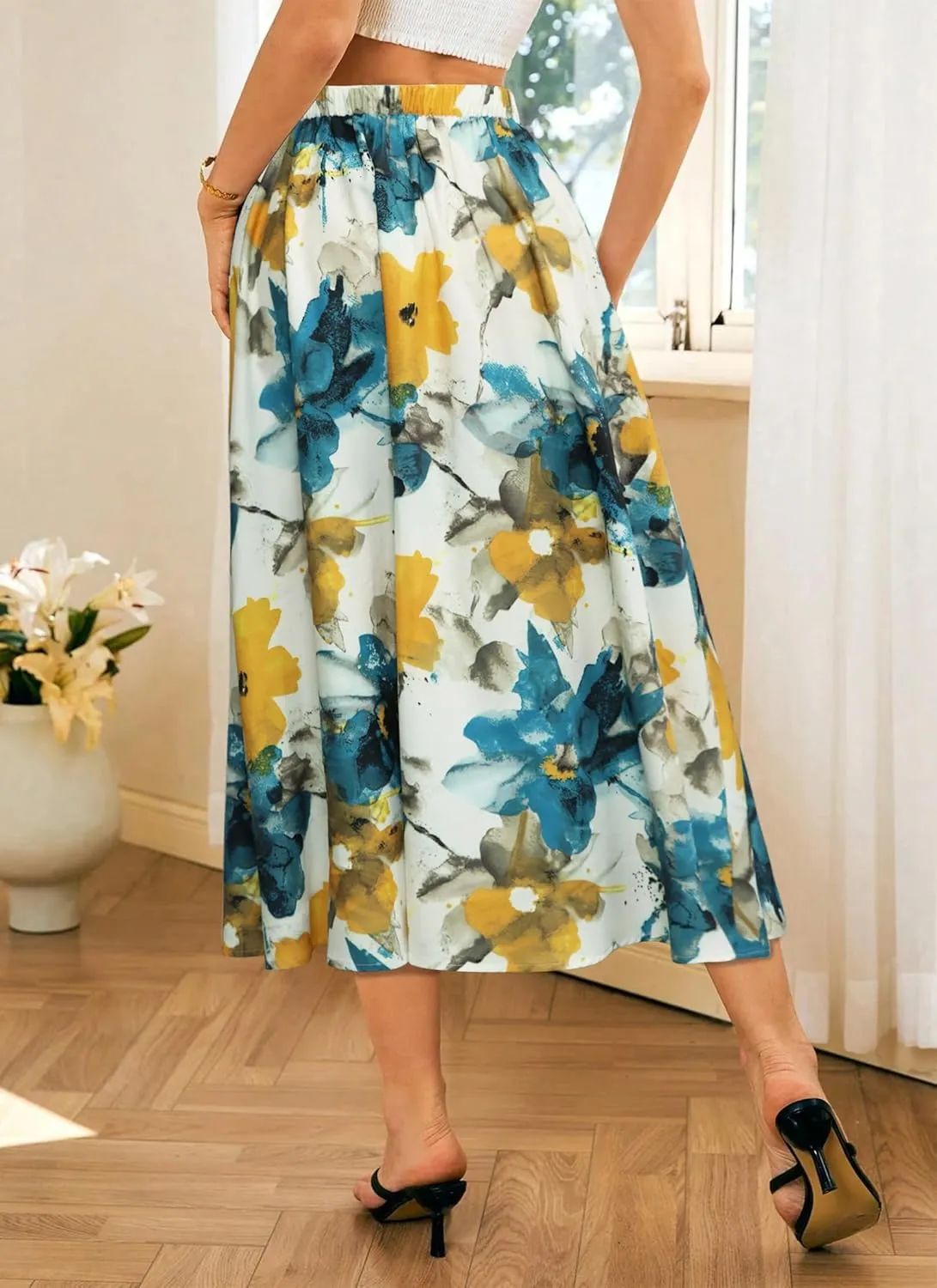 POPZONE Women's Maxi Skirts Elastic High Waist Long Skirts Below The Knee Flowy Floral Summer Skirts for Women