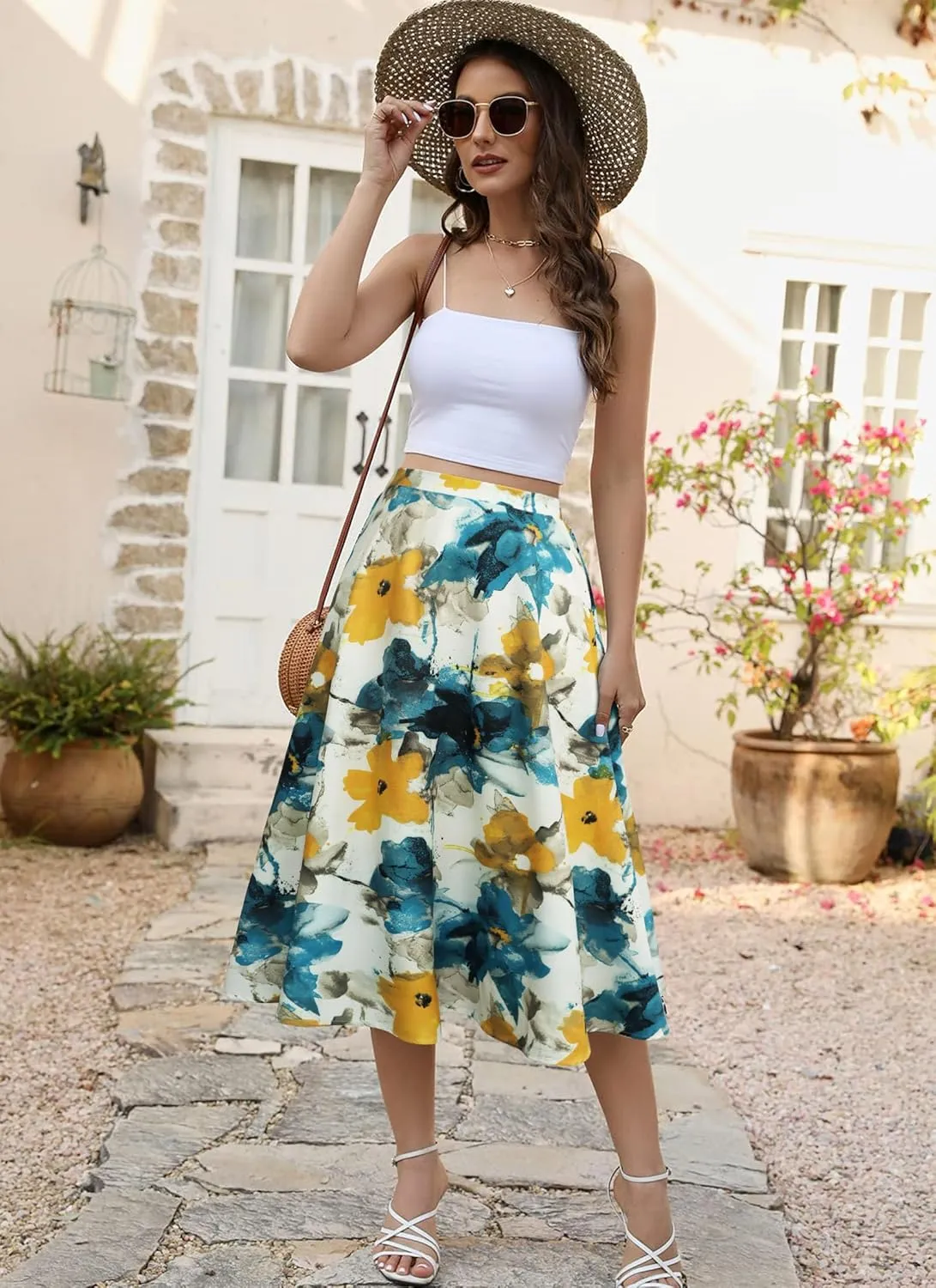 POPZONE Women's Maxi Skirts Elastic High Waist Long Skirts Below The Knee Flowy Floral Summer Skirts for Women