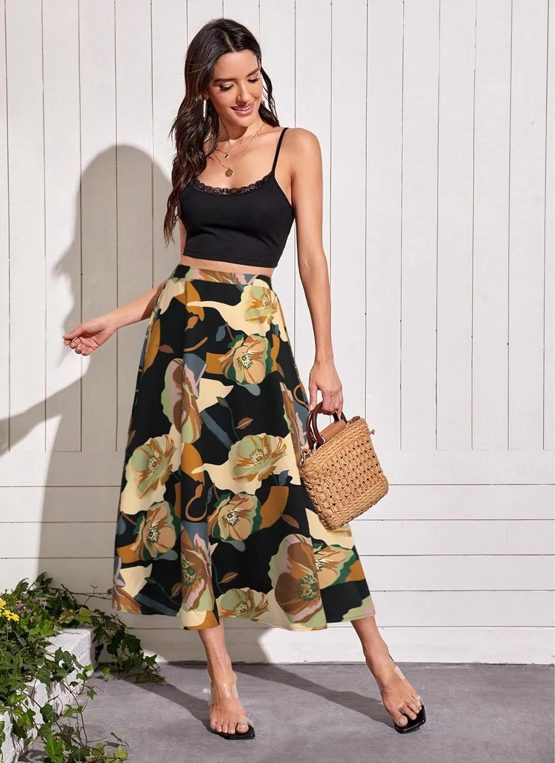 POPZONE Women's Maxi Skirts Elastic High Waist Long Skirts Below The Knee Flowy Floral Summer Skirts for Women