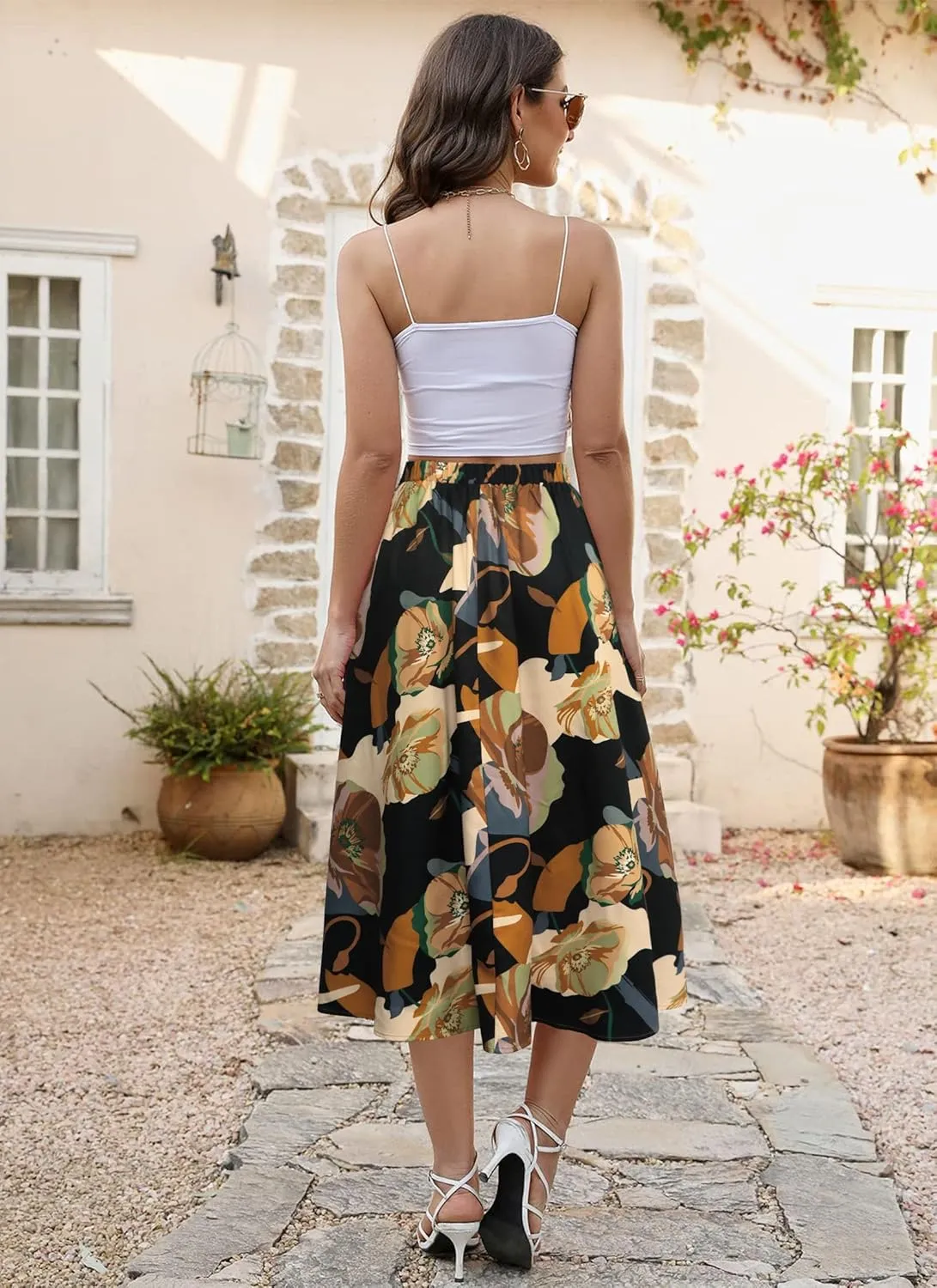 POPZONE Women's Maxi Skirts Elastic High Waist Long Skirts Below The Knee Flowy Floral Summer Skirts for Women
