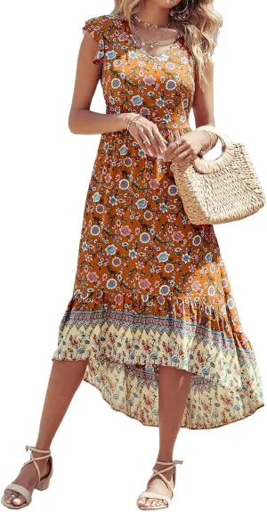 PRETTYGARDEN 2025 Women's Summer Maxi Dress Casual Floral V Neck Cap Sleeve Boho High Low Flowy Long Beach Sun Dresses Brown Blue