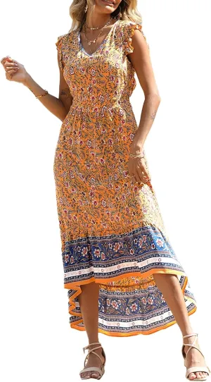 PRETTYGARDEN 2025 Women's Summer Maxi Dress Casual Floral V Neck Cap Sleeve Boho High Low Flowy Long Beach Sun Dresses Yellow
