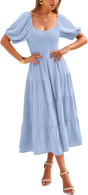 PRETTYGARDEN Women's Spring Dresses 2025 Puff Sleeve V Neck Swiss Dot High Waist Chiffon Dress Tiered Smocked Maxi Dresses