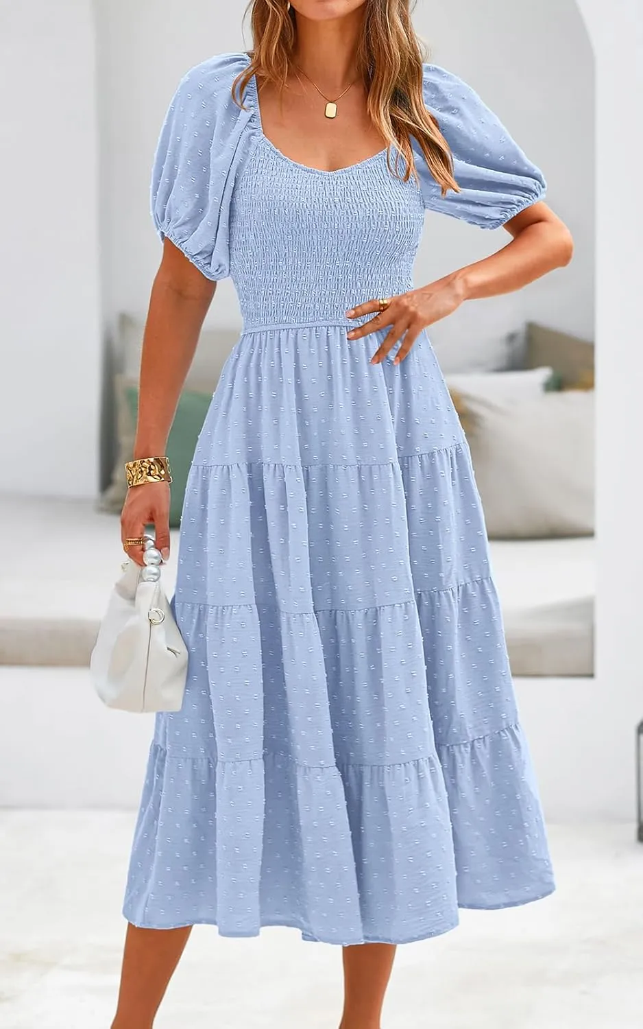 PRETTYGARDEN Women's Spring Dresses 2025 Puff Sleeve V Neck Swiss Dot High Waist Chiffon Dress Tiered Smocked Maxi Dresses