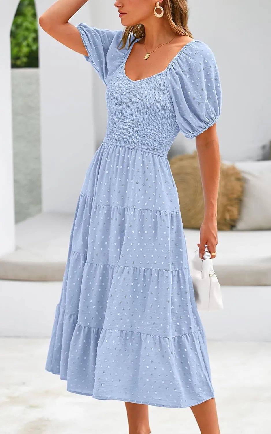 PRETTYGARDEN Women's Spring Dresses 2025 Puff Sleeve V Neck Swiss Dot High Waist Chiffon Dress Tiered Smocked Maxi Dresses