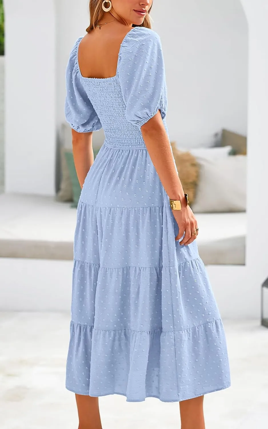 PRETTYGARDEN Women's Spring Dresses 2025 Puff Sleeve V Neck Swiss Dot High Waist Chiffon Dress Tiered Smocked Maxi Dresses