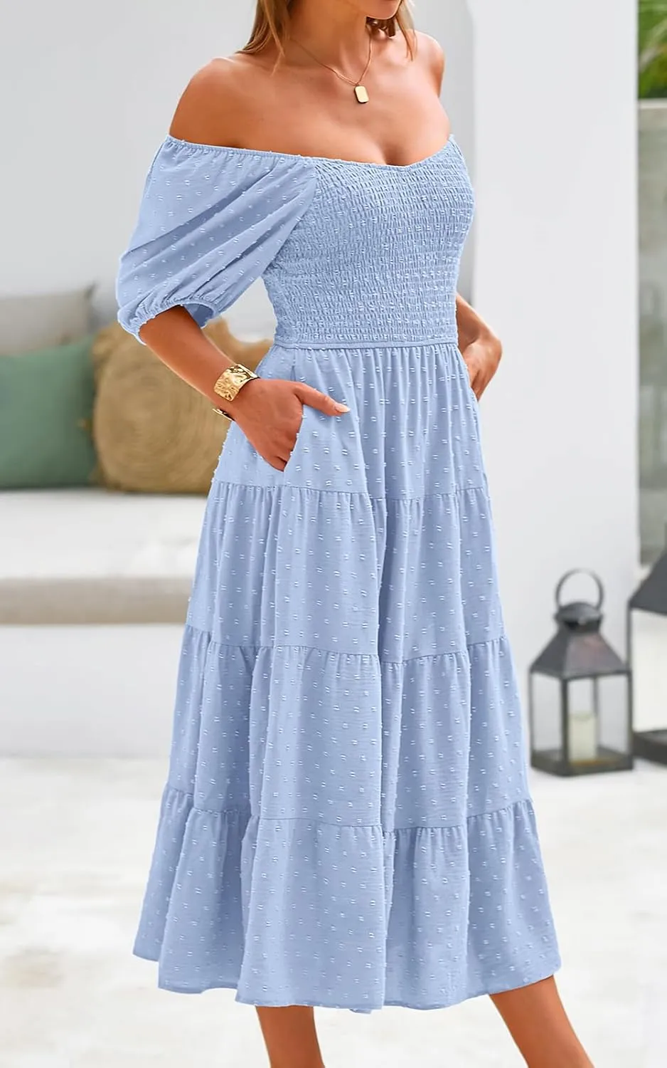 PRETTYGARDEN Women's Spring Dresses 2025 Puff Sleeve V Neck Swiss Dot High Waist Chiffon Dress Tiered Smocked Maxi Dresses
