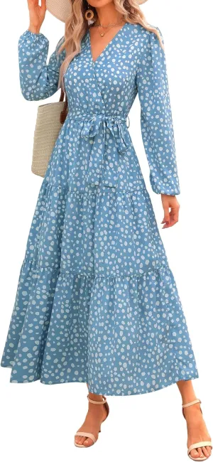 PRETTYGARDEN Womens Spring Long Sleeve Wrap V Neck Ruffle Floral Maxi Dress Casual Tie Waist Boho Chiffon Flowy Long Dresses