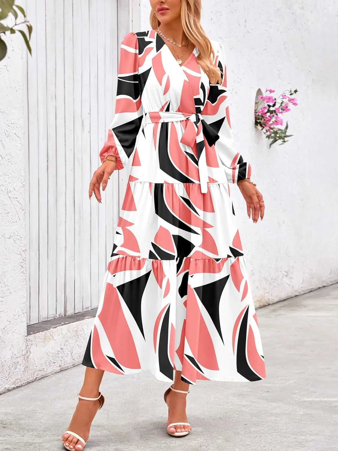 PRETTYGARDEN Womens Spring Long Sleeve Wrap V Neck Ruffle Floral Maxi Dress Casual Tie Waist Boho Chiffon Flowy Long Dresses