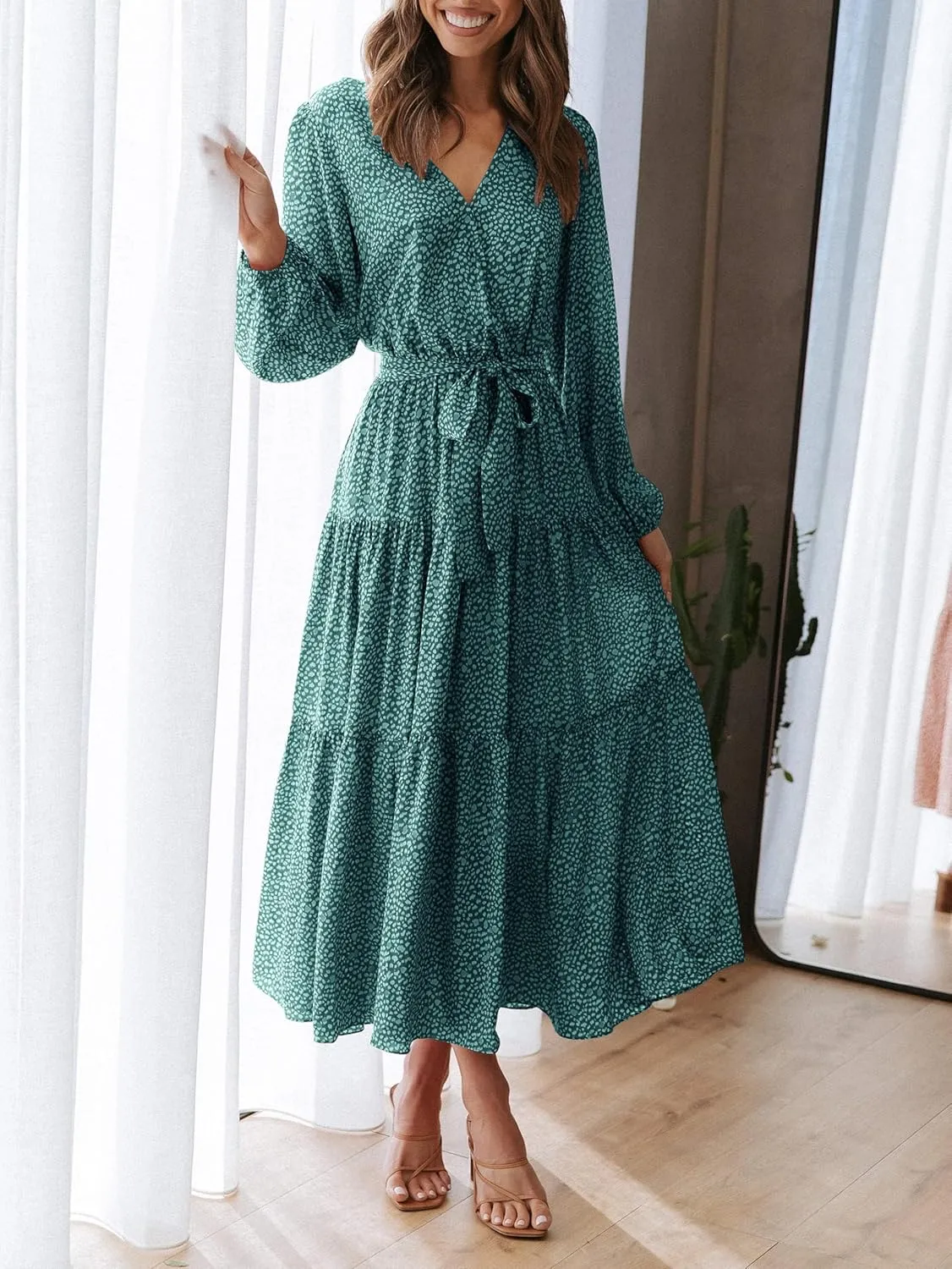 PRETTYGARDEN Womens Spring Long Sleeve Wrap V Neck Ruffle Floral Maxi Dress Casual Tie Waist Boho Chiffon Flowy Long Dresses
