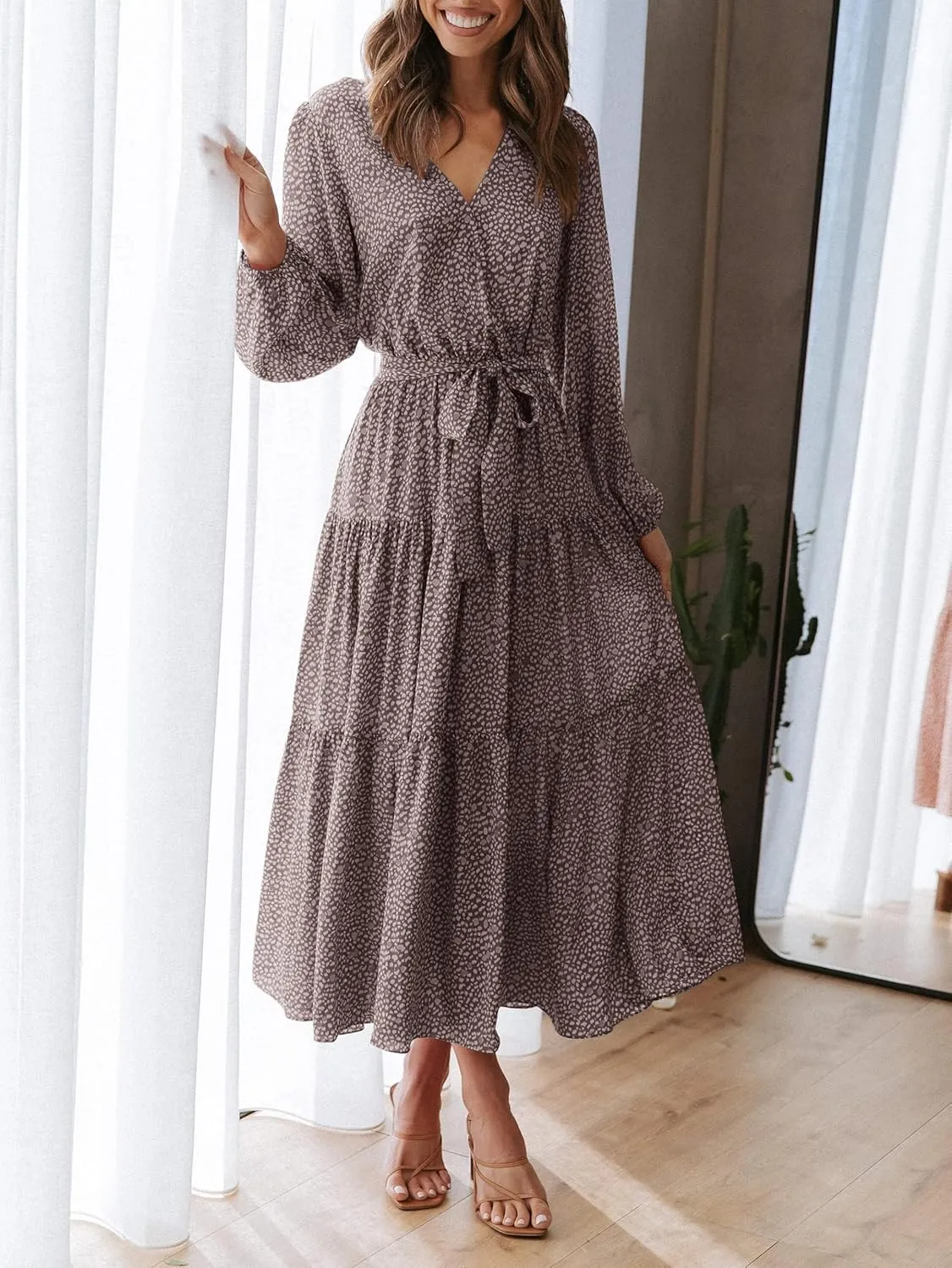 PRETTYGARDEN Womens Spring Long Sleeve Wrap V Neck Ruffle Floral Maxi Dress Casual Tie Waist Boho Chiffon Flowy Long Dresses