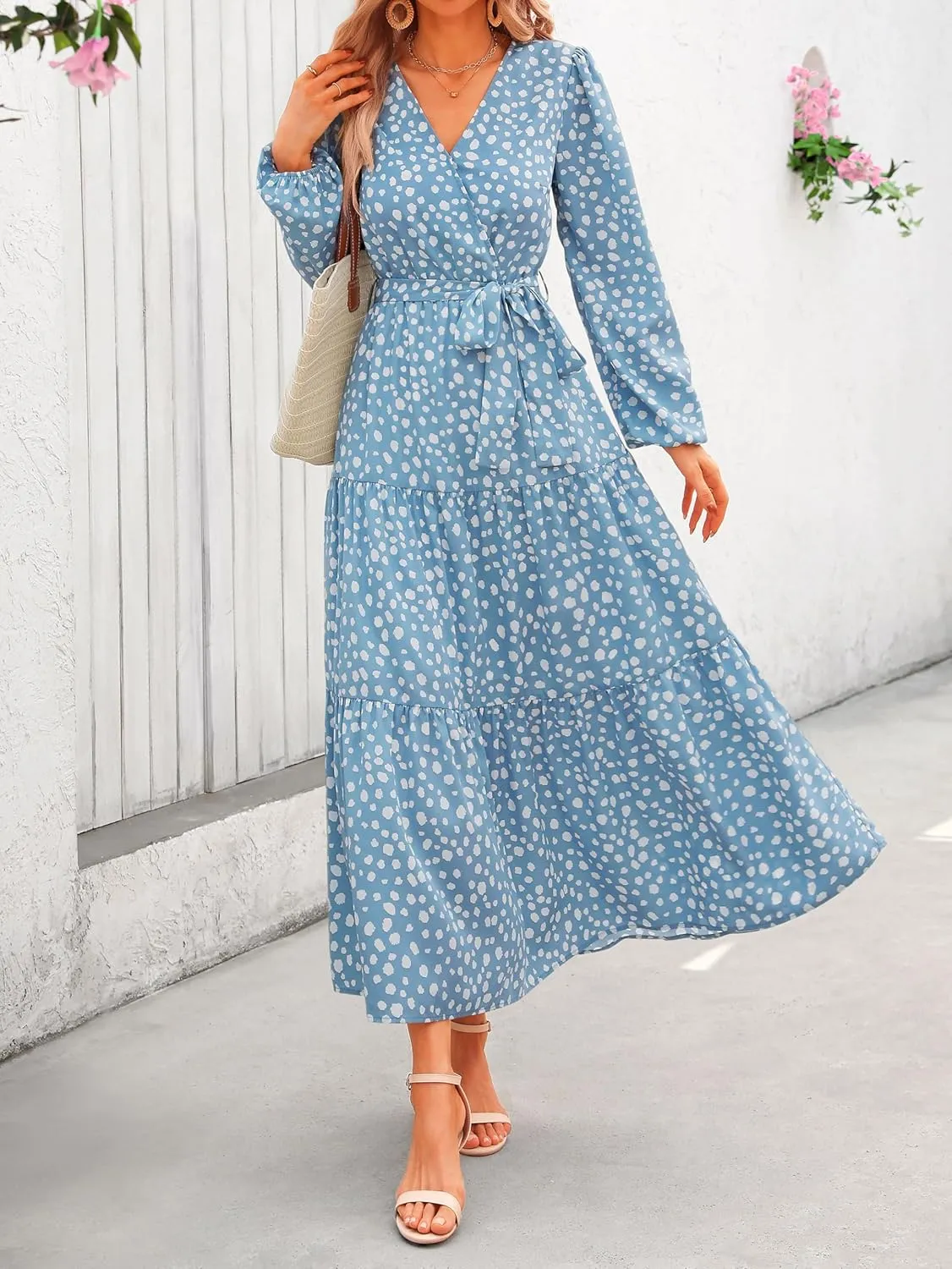 PRETTYGARDEN Womens Spring Long Sleeve Wrap V Neck Ruffle Floral Maxi Dress Casual Tie Waist Boho Chiffon Flowy Long Dresses