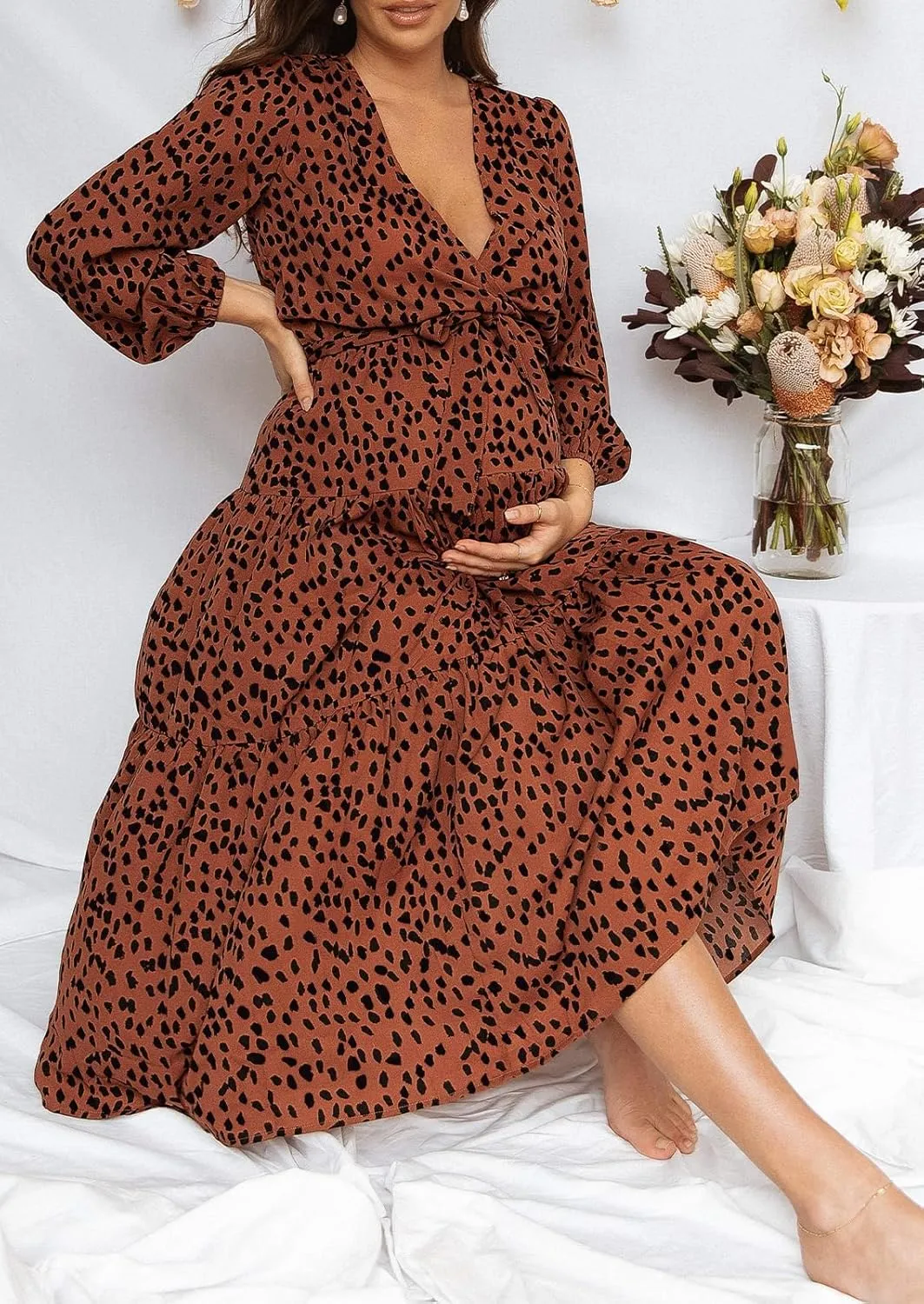 PRETTYGARDEN Womens Spring Long Sleeve Wrap V Neck Ruffle Floral Maxi Dress Casual Tie Waist Boho Chiffon Flowy Long Dresses