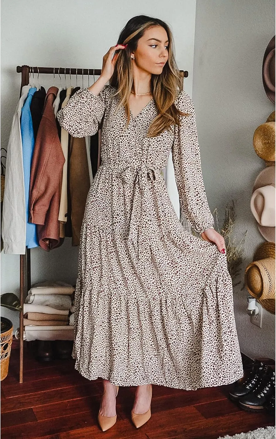 PRETTYGARDEN Womens Spring Long Sleeve Wrap V Neck Ruffle Floral Maxi Dress Casual Tie Waist Boho Chiffon Flowy Long Dresses
