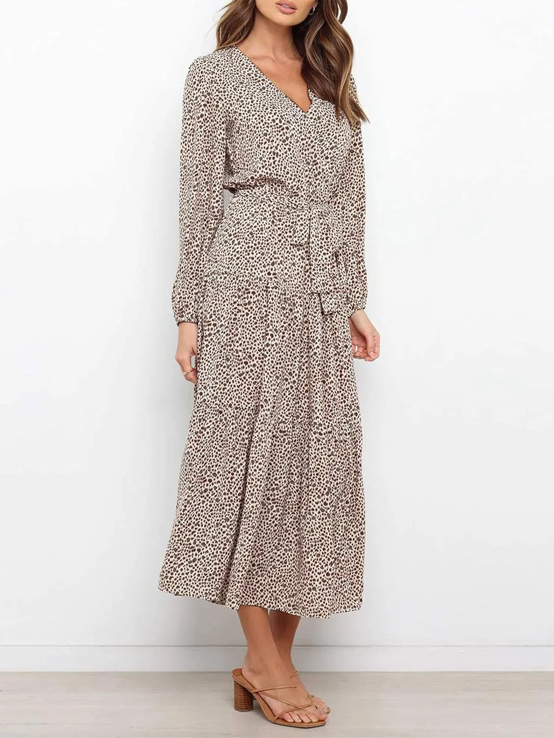PRETTYGARDEN Womens Spring Long Sleeve Wrap V Neck Ruffle Floral Maxi Dress Casual Tie Waist Boho Chiffon Flowy Long Dresses