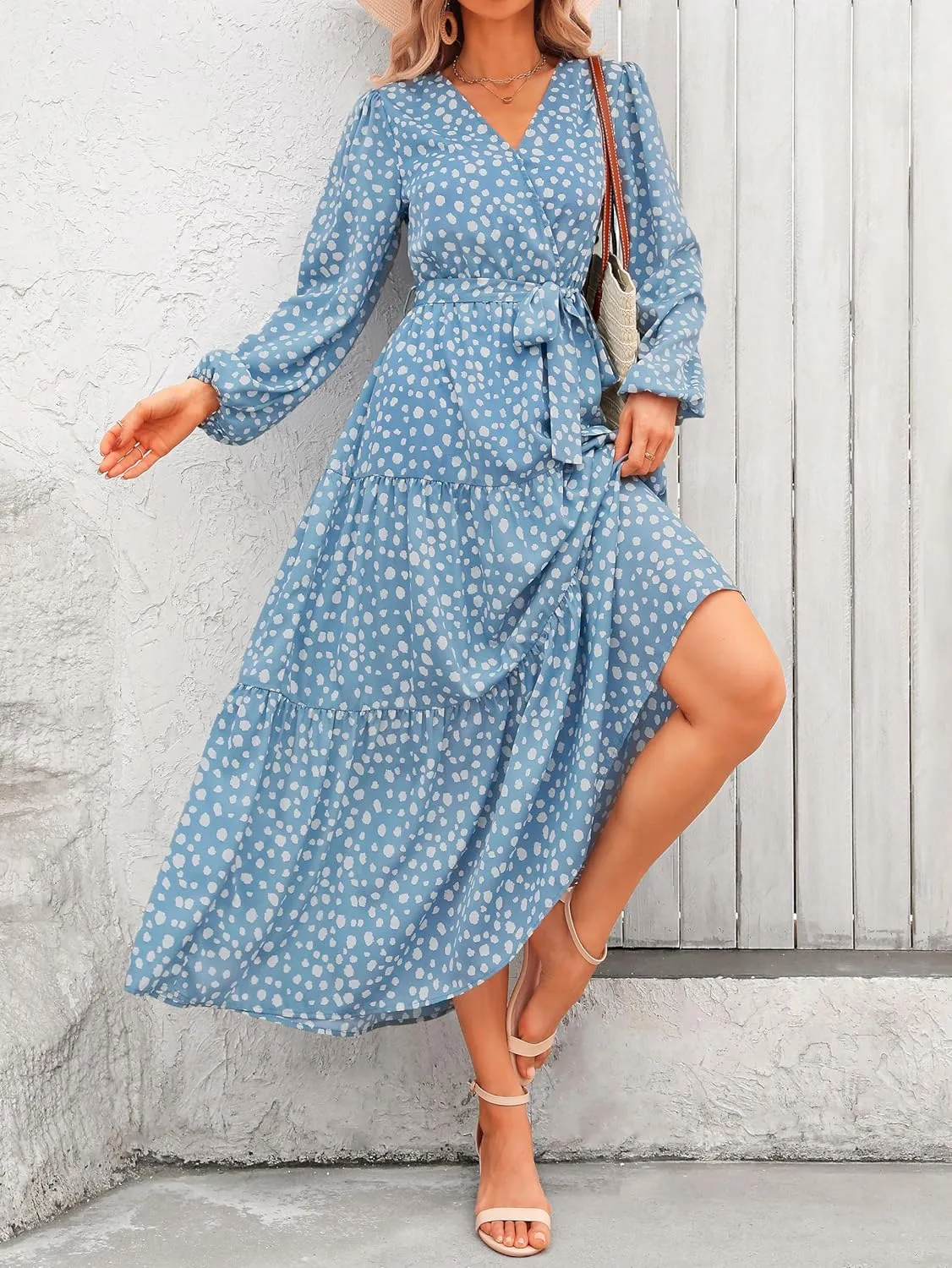PRETTYGARDEN Womens Spring Long Sleeve Wrap V Neck Ruffle Floral Maxi Dress Casual Tie Waist Boho Chiffon Flowy Long Dresses