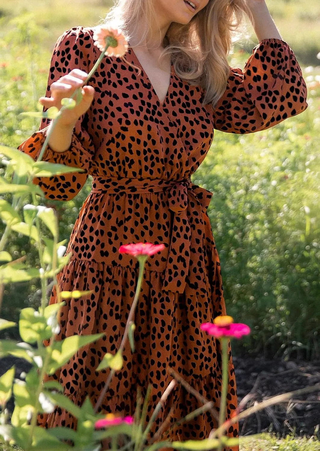 PRETTYGARDEN Womens Spring Long Sleeve Wrap V Neck Ruffle Floral Maxi Dress Casual Tie Waist Boho Chiffon Flowy Long Dresses
