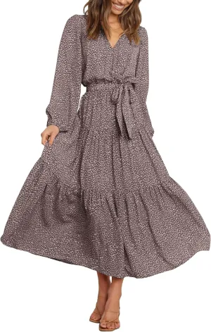 PRETTYGARDEN Womens Spring Long Sleeve Wrap V Neck Ruffle Floral Maxi Dress Casual Tie Waist Boho Chiffon Flowy Long Dresses