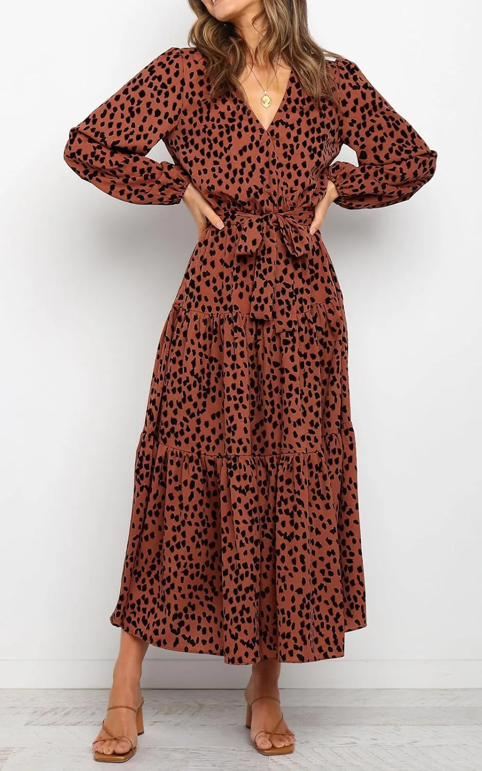 PRETTYGARDEN Womens Spring Long Sleeve Wrap V Neck Ruffle Floral Maxi Dress Casual Tie Waist Boho Chiffon Flowy Long Dresses