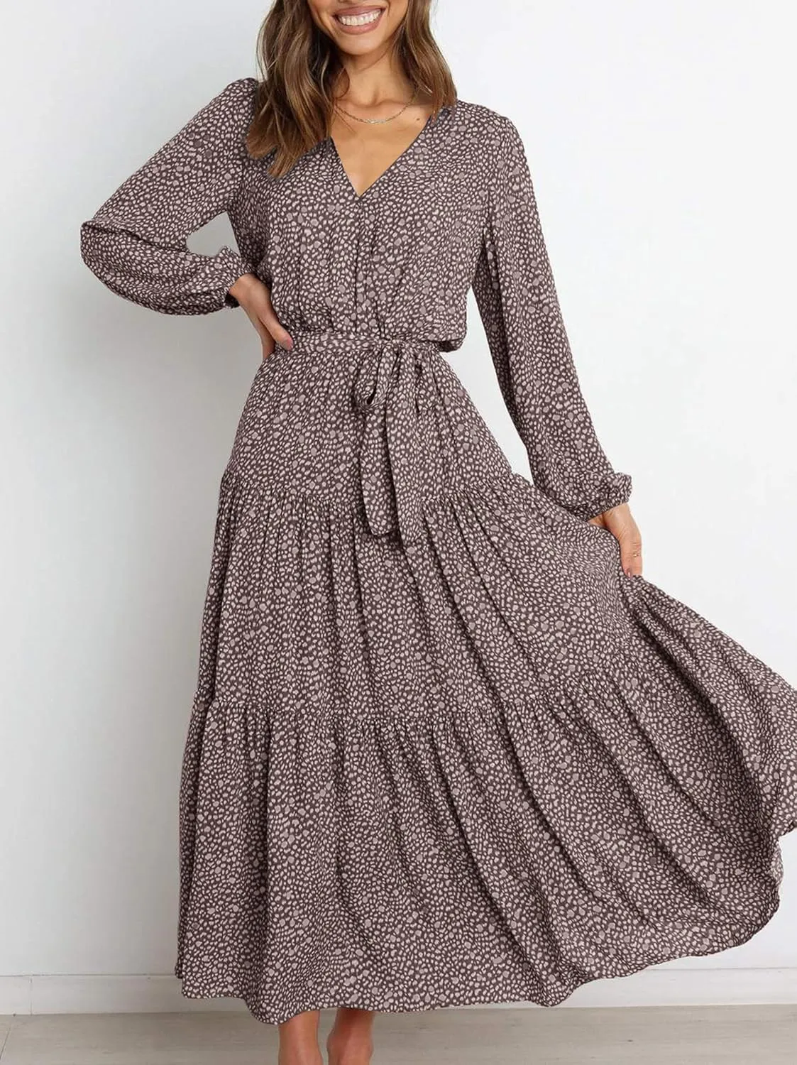 PRETTYGARDEN Womens Spring Long Sleeve Wrap V Neck Ruffle Floral Maxi Dress Casual Tie Waist Boho Chiffon Flowy Long Dresses
