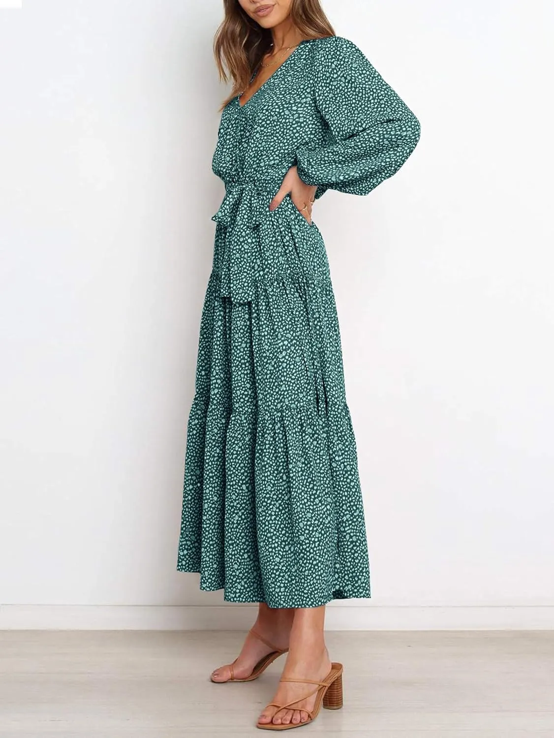 PRETTYGARDEN Womens Spring Long Sleeve Wrap V Neck Ruffle Floral Maxi Dress Casual Tie Waist Boho Chiffon Flowy Long Dresses