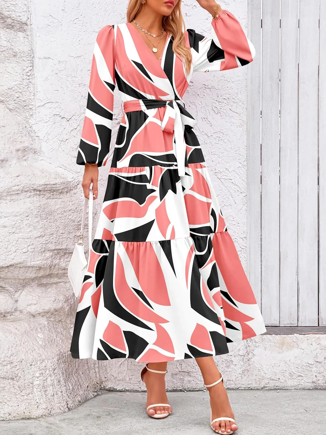 PRETTYGARDEN Womens Spring Long Sleeve Wrap V Neck Ruffle Floral Maxi Dress Casual Tie Waist Boho Chiffon Flowy Long Dresses