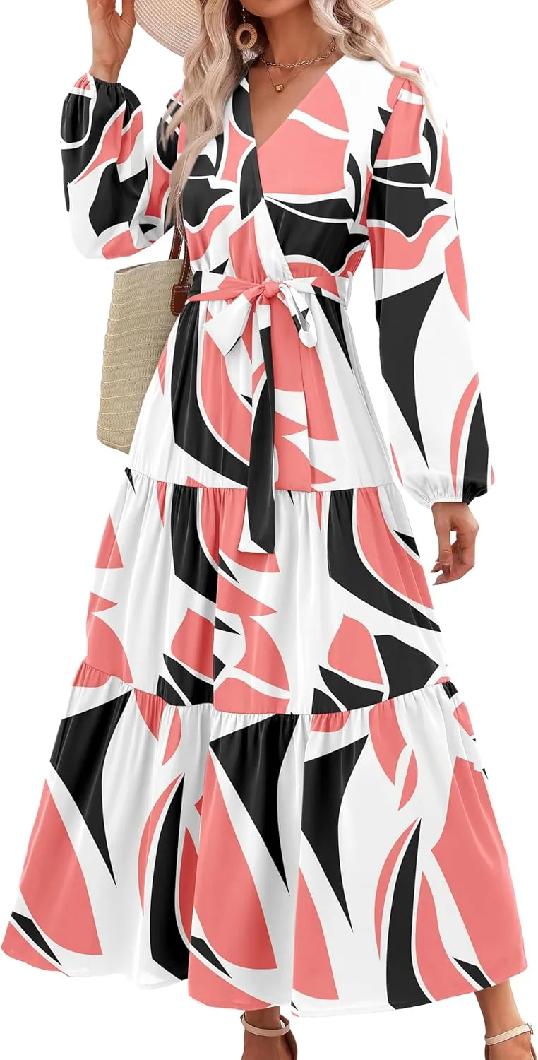 PRETTYGARDEN Womens Spring Long Sleeve Wrap V Neck Ruffle Floral Maxi Dress Casual Tie Waist Boho Chiffon Flowy Long Dresses