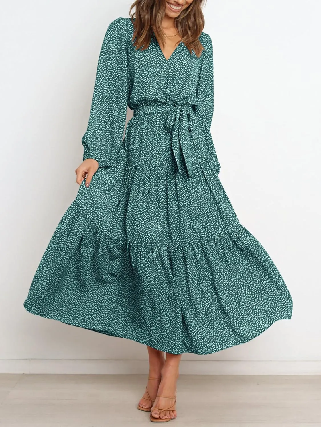 PRETTYGARDEN Womens Spring Long Sleeve Wrap V Neck Ruffle Floral Maxi Dress Casual Tie Waist Boho Chiffon Flowy Long Dresses