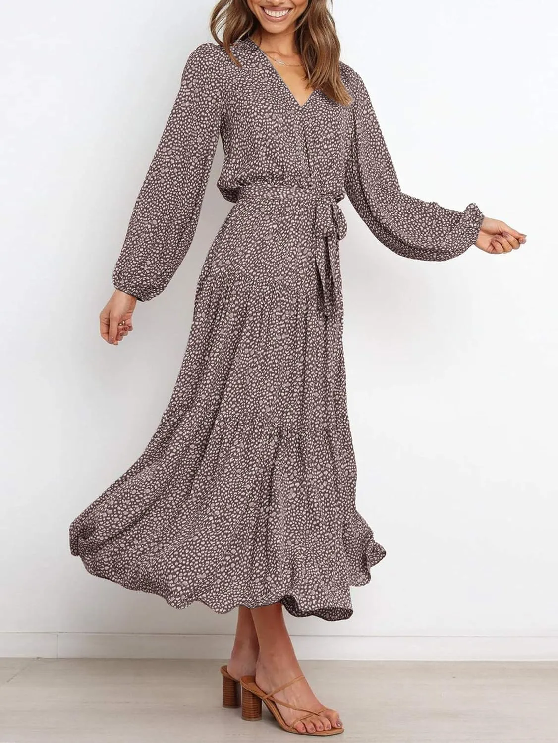 PRETTYGARDEN Womens Spring Long Sleeve Wrap V Neck Ruffle Floral Maxi Dress Casual Tie Waist Boho Chiffon Flowy Long Dresses