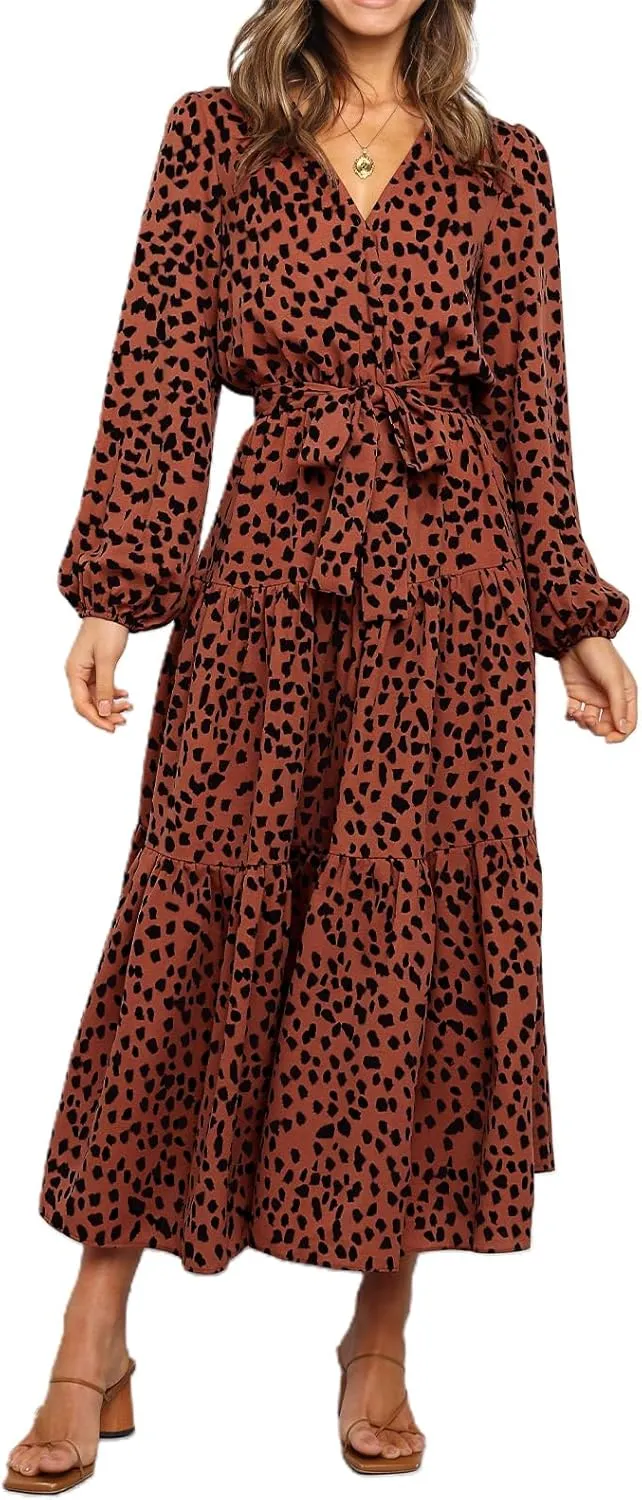 PRETTYGARDEN Womens Spring Long Sleeve Wrap V Neck Ruffle Floral Maxi Dress Casual Tie Waist Boho Chiffon Flowy Long Dresses