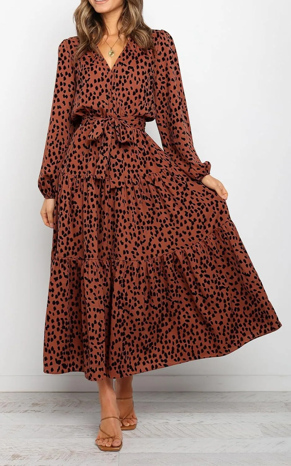 PRETTYGARDEN Womens Spring Long Sleeve Wrap V Neck Ruffle Floral Maxi Dress Casual Tie Waist Boho Chiffon Flowy Long Dresses