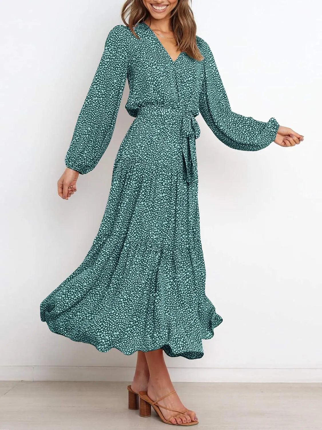 PRETTYGARDEN Womens Spring Long Sleeve Wrap V Neck Ruffle Floral Maxi Dress Casual Tie Waist Boho Chiffon Flowy Long Dresses