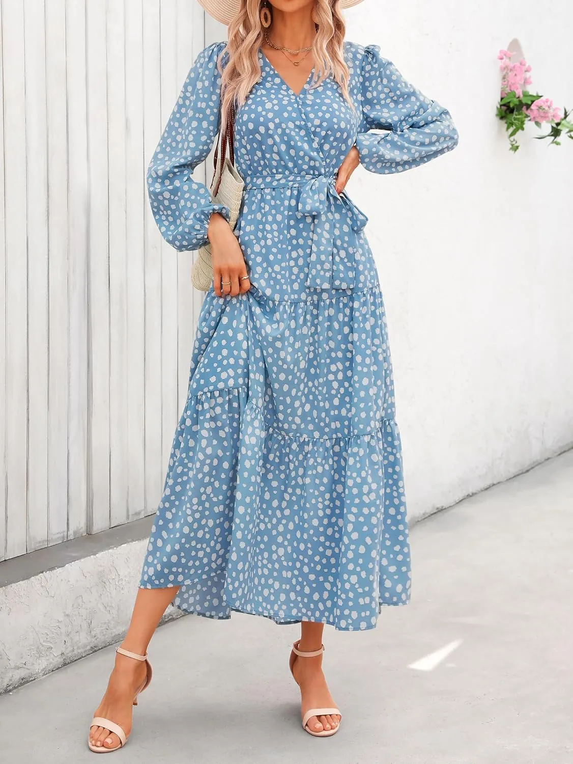 PRETTYGARDEN Womens Spring Long Sleeve Wrap V Neck Ruffle Floral Maxi Dress Casual Tie Waist Boho Chiffon Flowy Long Dresses