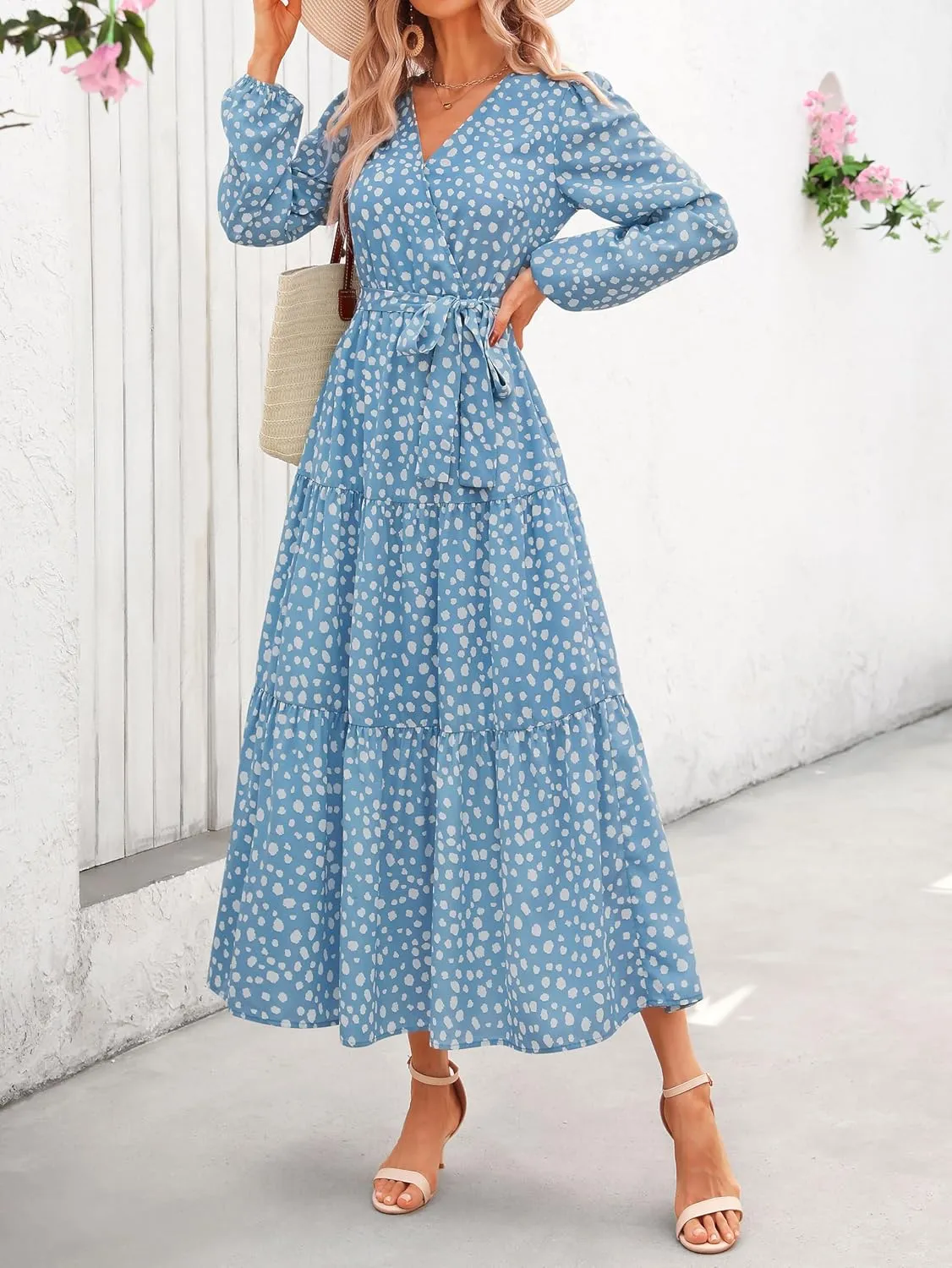 PRETTYGARDEN Womens Spring Long Sleeve Wrap V Neck Ruffle Floral Maxi Dress Casual Tie Waist Boho Chiffon Flowy Long Dresses