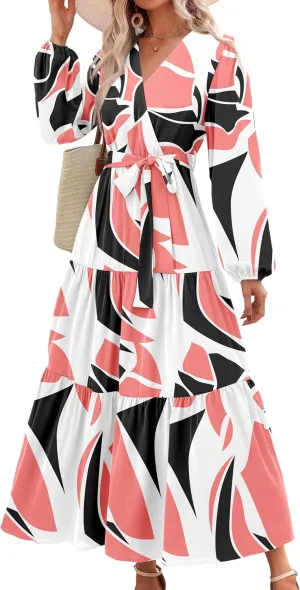 PRETTYGARDEN Womens Spring Long Sleeve Wrap V Neck Ruffle Floral Maxi Dress Casual Tie Waist Boho Chiffon Flowy Long Dresses