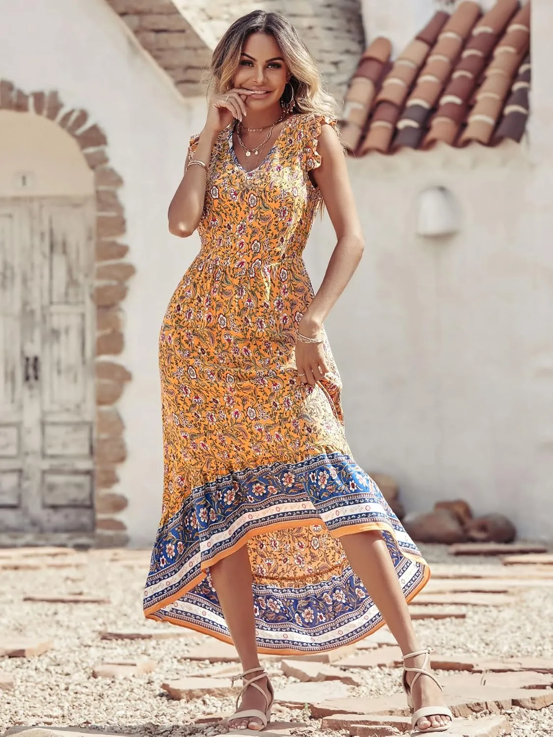 PRETTYGARDEN Women's Summer Maxi Dresses Casual Floral V Neck Cap Sleeve Boho High Low Flowy Sundresses Beach Midi Dress