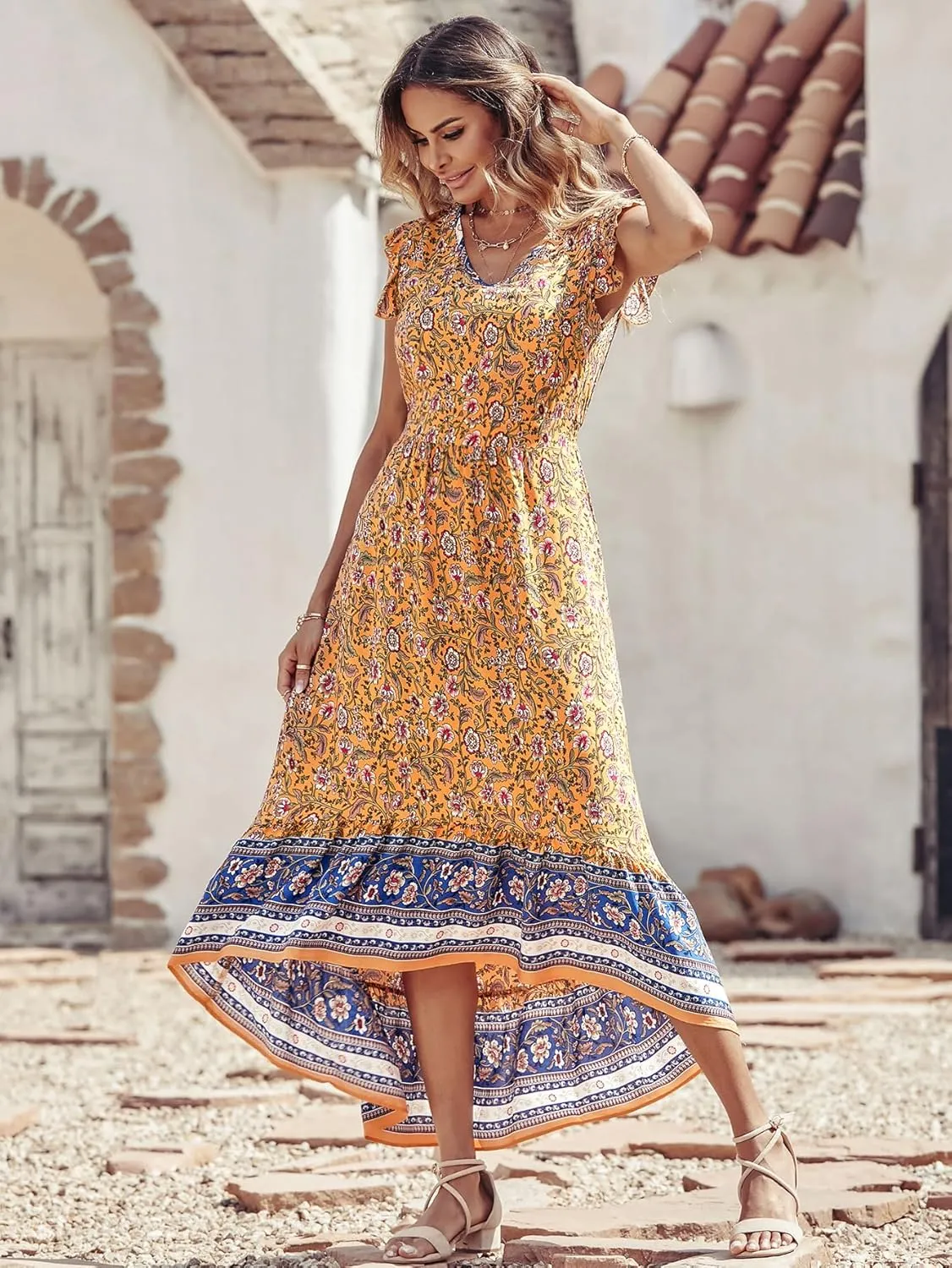 PRETTYGARDEN Women's Summer Maxi Dresses Casual Floral V Neck Cap Sleeve Boho High Low Flowy Sundresses Beach Midi Dress