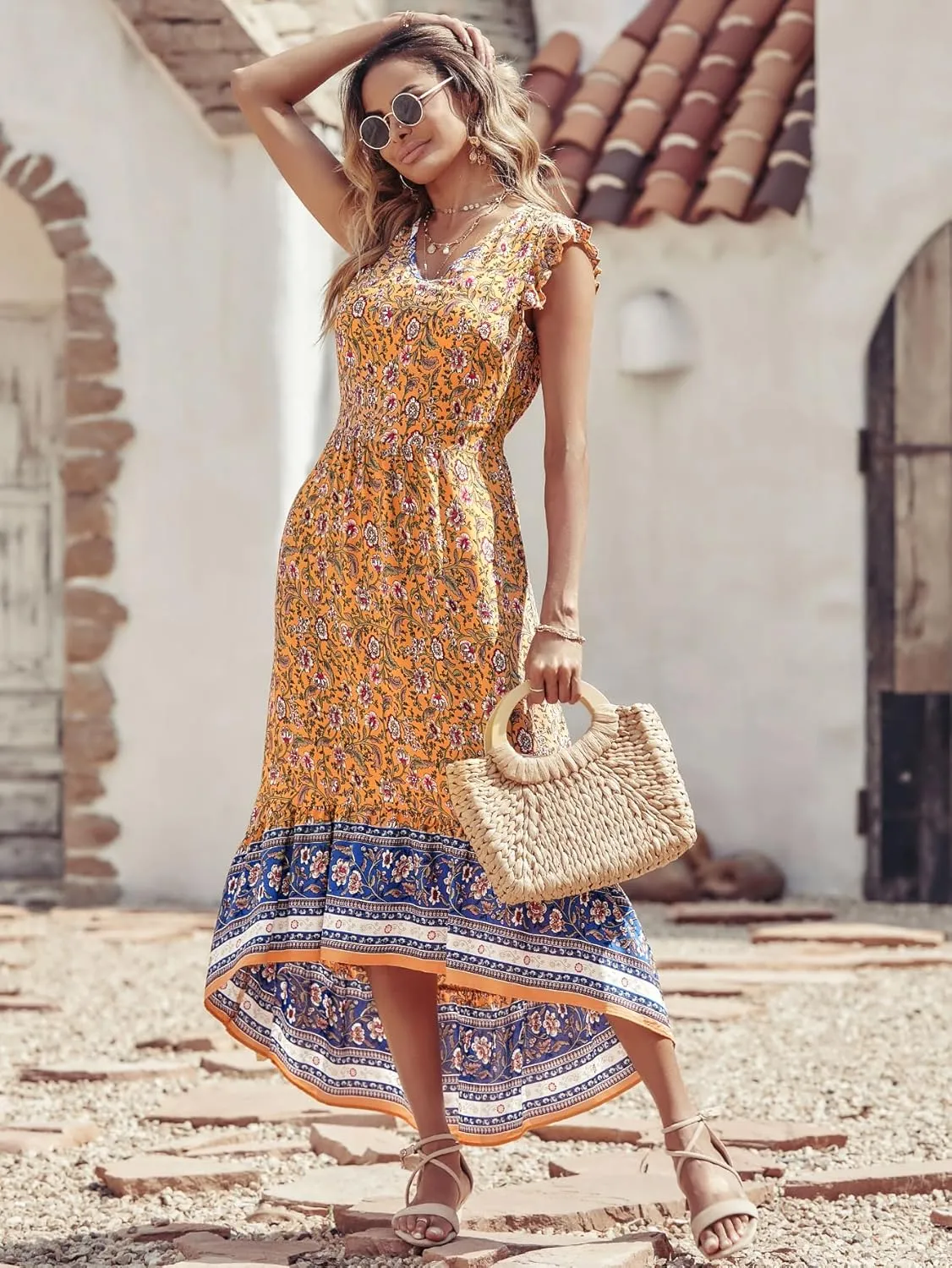 PRETTYGARDEN Women's Summer Maxi Dresses Casual Floral V Neck Cap Sleeve Boho High Low Flowy Sundresses Beach Midi Dress