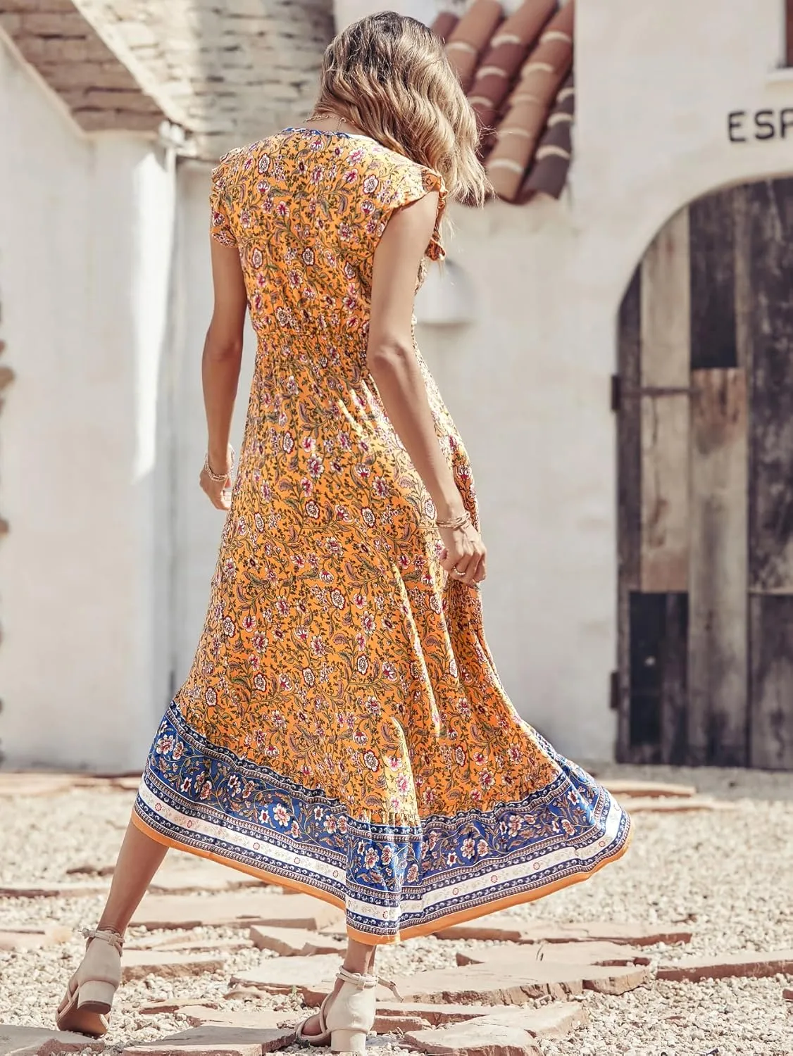 PRETTYGARDEN Women's Summer Maxi Dresses Casual Floral V Neck Cap Sleeve Boho High Low Flowy Sundresses Beach Midi Dress