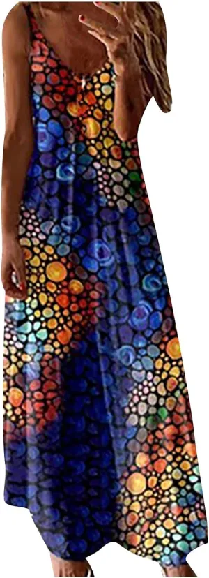 Prime Big Women's Summer Spaghetti Strap Elegant Long Dresses Plus Size Vacation Flowy Beach Dress Loose Floor Length Dress Womens Summer Dresses Blue S
