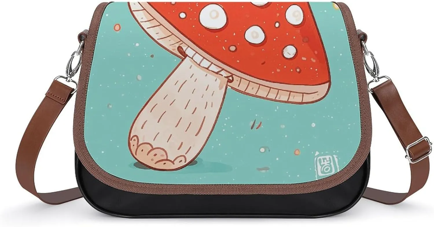 PU Leather Crossbody Bag Cartoon Mushroom Print Flapover Tote Bag Shoulder Handbag Purse for Women with Adjustable Strap