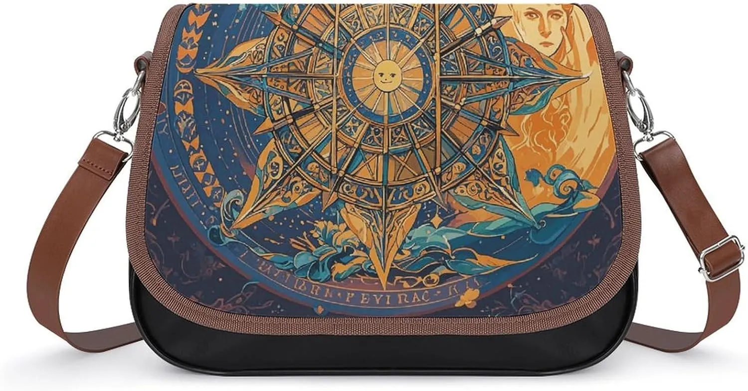 PU Leather Crossbody Bag Mystic Tarot Card Sun And Moon Face Print Flapover Tote Bag Shoulder Handbag Purse for Women with Adjustable Strap